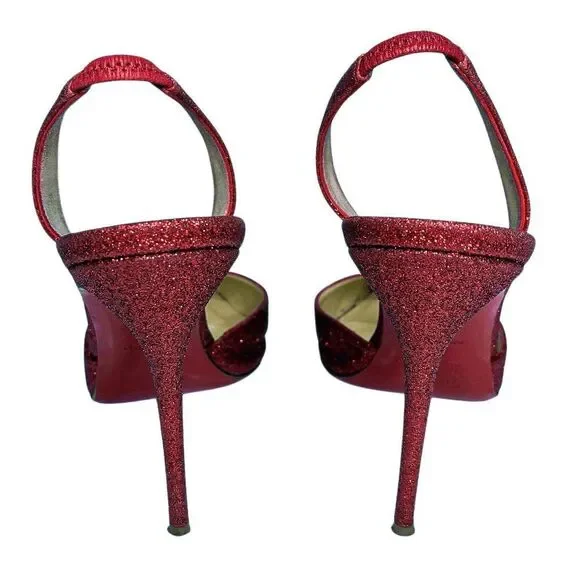 Christian Louboutin Ever 100 Red Glitter Slingback Heels EU 37.5 Sparkly Pumps - Picture 9 of 13